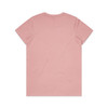 A pink T-shirt with a plain back and a simple design, featuring a branding logo.