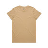 A light brown T-shirt in a classic crew neck style, featuring a logo on the label.