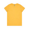 A yellow T-shirt with a round neckline and short sleeves, featuring a logo on the label.