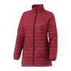 A women's puffer jacket in deep red with a zip closure and high collar, featuring a logo. Lightweight and insulated design.