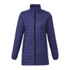 A navy puffer jacket featuring a zip front, high collar, and side pockets. It has a lightweight, insulated design.