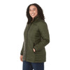 A lightweight, packable insulated puffer jacket in dark green, featuring a zippered front and side pockets.