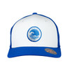 A blue and white trucker cap featuring a circular logo with a wave design.