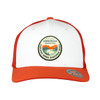 A white and orange trucker cap featuring a round logo with a mountain design. 