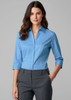 A blue women's button-up shirt with 3/4 sleeves, featuring a collar and a fitted design.