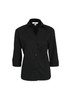 A black women's button-up shirt with 3/4 sleeves and a collared neck, featuring a logo on the tag.
