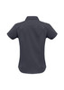 A dark grey women's short sleeve button-up shirt with a classic collar and a fitted design.