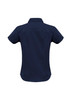 A women's navy short sleeve button-up shirt with a collar, featuring a sleek, tailored design and a logo.