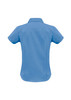 A blue women's button-up shirt with short sleeves, featuring a collar and a plain back design.