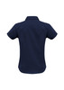 A navy women's short sleeve button-up shirt with a fitted design and a collar, featuring a back seam detail.