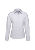 A long sleeve women's button-up shirt in a light grey colour, featuring a collar and a front button closure.