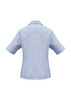 A blue women's button-up shirt with short sleeves and a collar, featuring a logo.