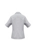 A light grey women's short sleeve button-up shirt featuring a collar and rolled sleeves. It has a subtle logo.