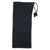 A black microfibre pouch with a drawstring, designed for sunglasses and includes a cleaning cloth.