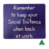 A purple mouse mat featuring a message about social distancing, with a logo indicating it is Australian made.