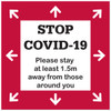 A floor decal sticker in red and white, featuring arrows and a message about maintaining social distance.