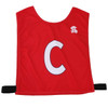 Red pull-over elastic netball bib with a white 'C' and a logo on the side. Features black elastic straps.