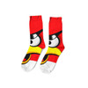 Bright red socks with a bold animated design featuring a character's face and a logo.