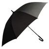 A black umbrella with a curved handle and a sleek design, featuring a logo on the canopy.