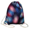 A full-colour drawstring bag featuring a vibrant pattern of blue, pink, and purple dots with white drawstrings.