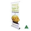 A deluxe 850mm roll-up banner featuring a green apple, a measuring tape, and a logo. Predominantly white and yellow.