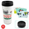 A travel mug featuring a black lid and a white design with colourful graphics and a logo. BPA free.