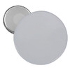 A round button badge with a white front and a metallic backing, featuring a smooth, glossy finish.