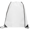 A white drawstring bag with black accents and drawstrings, featuring a branding logo.