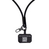 A black phone lanyard featuring a power cable attachment and a tag with a QR code and logo.