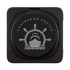 A black wireless charger featuring a ship's wheel and silhouette of a ship. It includes a logo.