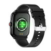 A black smartwatch with a round face and a green sensor on the back, featuring a black strap.