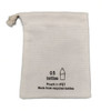 A white pouch made from recycled materials, featuring a drawstring closure and branding on the front.