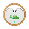 Eco-friendly white TWS earbuds housed in a rounded bamboo case with a logo, featuring a clean and modern design.