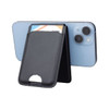 A black magnetic card wallet attached to a smartphone, serving as a wireless charging stand.