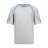 A three-tone contrast sports tee in grey with light blue accents. The shirt features short sleeves and a logo.