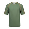 A three-tone sports tee featuring olive green with khaki accents and a logo. Short sleeves and a regular fit.