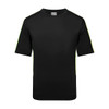 A black t-shirt with short sleeves featuring green accents and a brand logo.