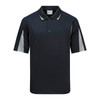 A navy polo shirt with grey accents and a branding logo on the chest. Short sleeves and a classic collar design.