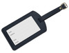 A dark blue luggage tag featuring a removable strap and blank lines for name, address, email, and phone details.