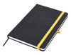 A black A5 notebook with a debossed design and a yellow elastic band. It features a logo on the cover.