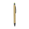 A bamboo pen featuring a green stylus tip and a black clip, with a sleek design and natural finish.