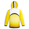 A custom reversible puffer jacket in yellow with a geometric design, featuring a hood and a logo.