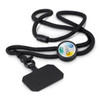 A black phone lanyard with a circular attachment featuring a logo and a rectangular tag for identification.