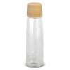 A drink bottle made of clear glass with a bamboo lid, featuring a sleek and modern design.