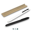 A collection of SPICE Retro Pens in black and white, displayed alongside a brown kraft packaging sleeve.