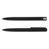 Two black metal pens with varying designs, one featuring a chrome tip and the other with a clip. Both have a logo.