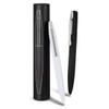 A metal pen set featuring a black pen, a white pen, and a sleek black storage tube. Each pen has a silver accent.