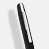 A black metal pen with a silver clip, featuring a sleek design and a logo on the body.