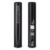 A sleek black metal pen with a minimalist design, featuring a protective case and a logo.