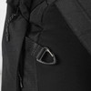 A black backpack featuring side straps and a sturdy clip. It has a sleek, modern design.